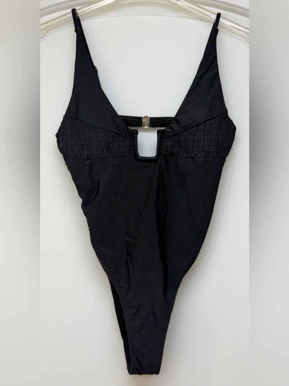 Smocked Black One-Piece Swimsuit with V-Notch and Adjustable Straps - Large
